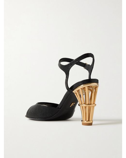 Ferragamo Black Nikla Lizard-Effect Leather Sandals