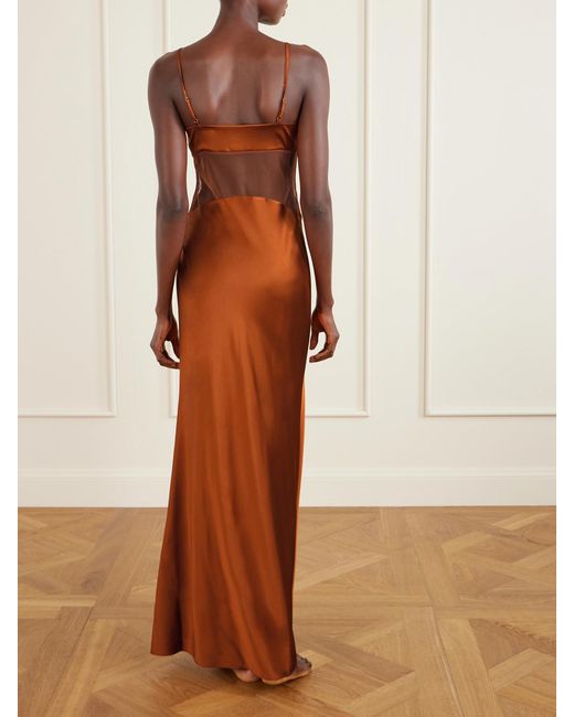 Kiki de Montparnasse Brown Maxime Tulle-Trimmed Silk-Blend Satin Nightdress