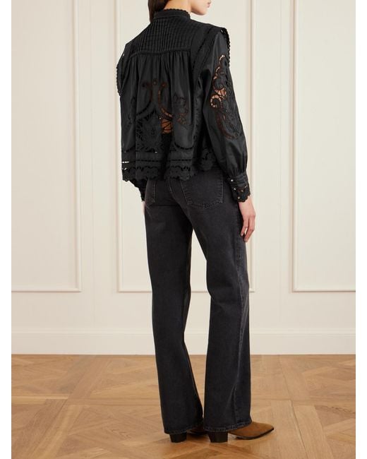 Farm Rio Black Richilieu Pleated Broderie Anglaise Cotton Blouse