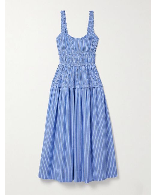 Doen Blue Marianne Shirred Striped Cotton-Poplin Midi Dress