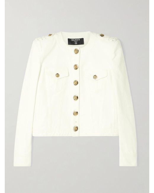 Balmain Natural Cropped Button-Embellished Cotton-Canvas Jacket