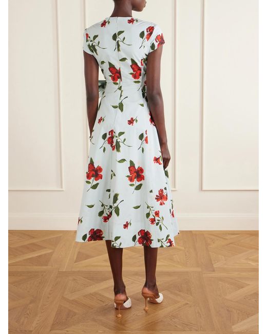 Oscar de la Renta White Floral-Print Cotton-Poplin Wrap Midi Dress