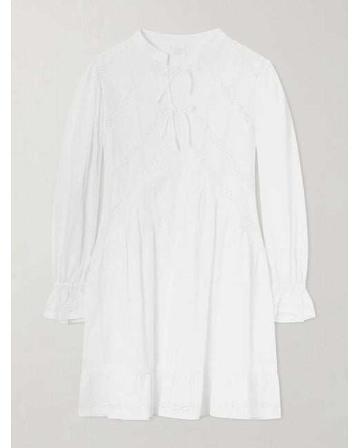 Loretta Caponi White Recanati Ruffled Pleated Lace-Trimmed Cotton Mini Dress