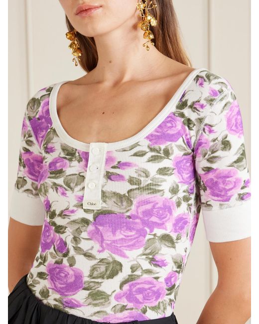 Chloé Pink Floral-Print Ribbed Stretch-Cotton Jersey T-Shirt