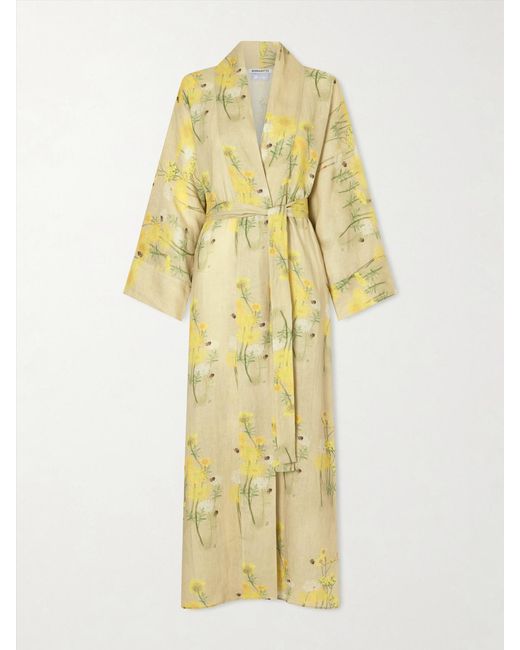 BERNADETTE Yellow Peignoir Belted Floral-Print Linen Maxi Dress