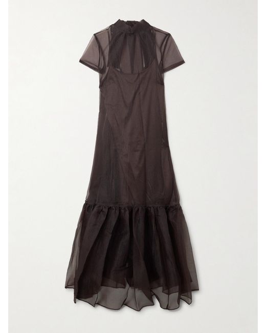 Staud Brown Calluna Tie-Neck Tiered Organza Maxi Dress