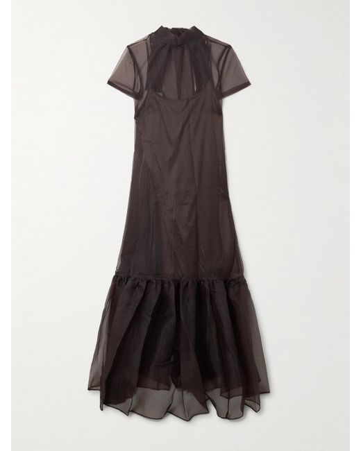 STAUD Calluna Tie-Neck Tiered Organza Maxi Dress in Brown | Lyst