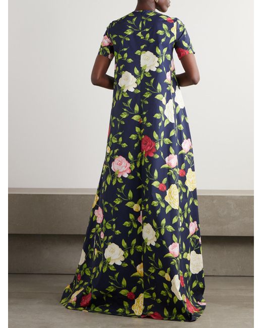 Oscar de la Renta Green Button-Embellished Floral-Print Cotton-Blend Poplin Gown