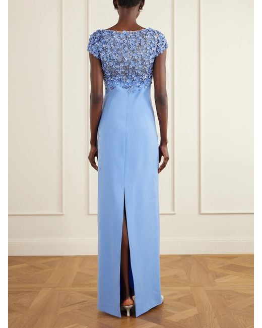Oscar de la Renta Blue Crystal-Embellished Embroidered Wool-Blend Gown