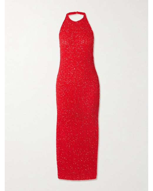 TOVE Red Collette Sequin-Embellished Mesh Halterneck Maxi Dress