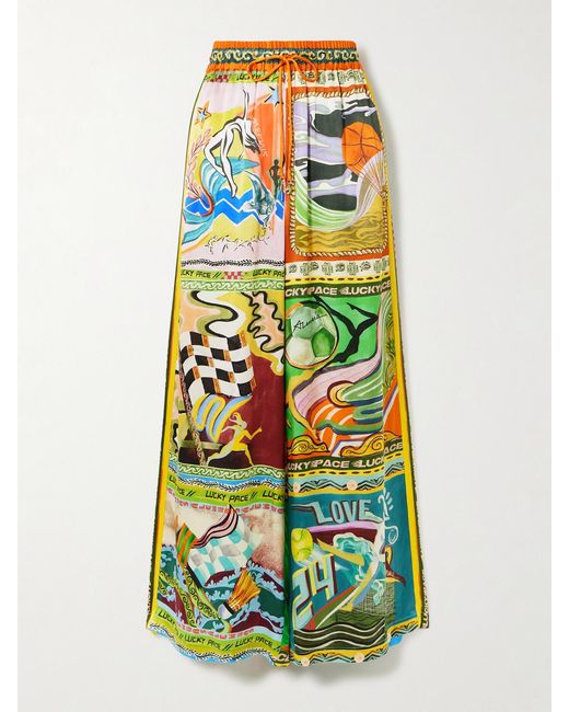 ALÉMAIS Green Lucky Pace Printed Silk-Satin Wide-Leg Pants