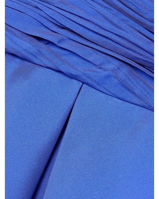 Marmar Halim Blue One-Shoulder Gathered Plissé-Taffeta Gown
