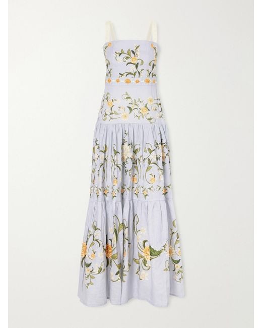 Agua Bendita White Cinefila Floral-Printed Linen Maxi Dress