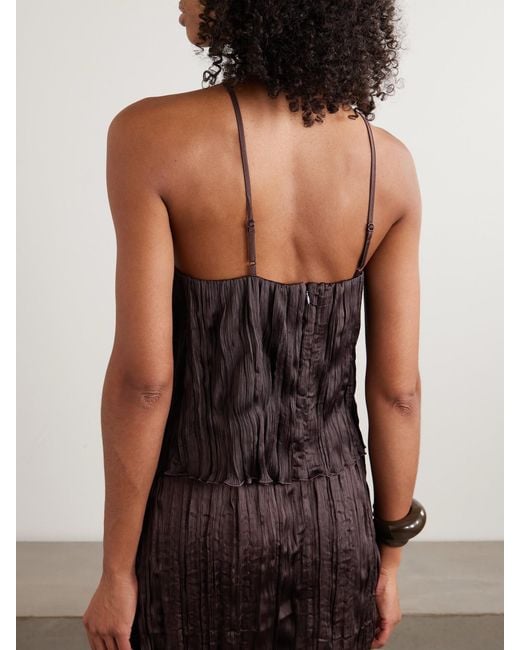 Staud Brown Akari Plissé-Satin Top