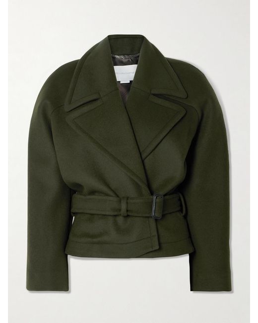 Stella McCartney Green Cropped Belted Double-Breasted Wool Coat