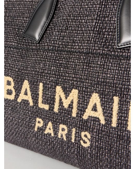 Balmain Black Track Leather-Trimmed Raffia Tote