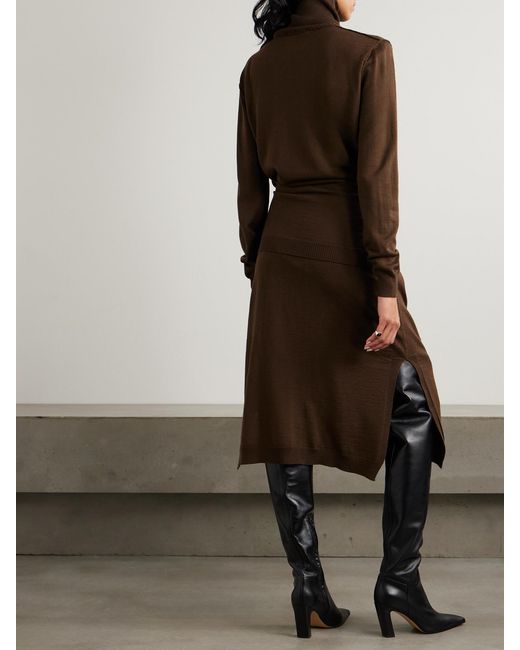 Lemaire Brown Belted Wool-Blend Turtleneck Midi Dress