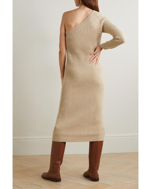 Max Mara Natural One-shoulder Ribbed Wool And Cashmere-blend Midi Dress