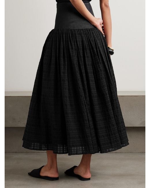 Abadia Black Satin-Trimmed Pleated Checked Gauze Maxi Skirt