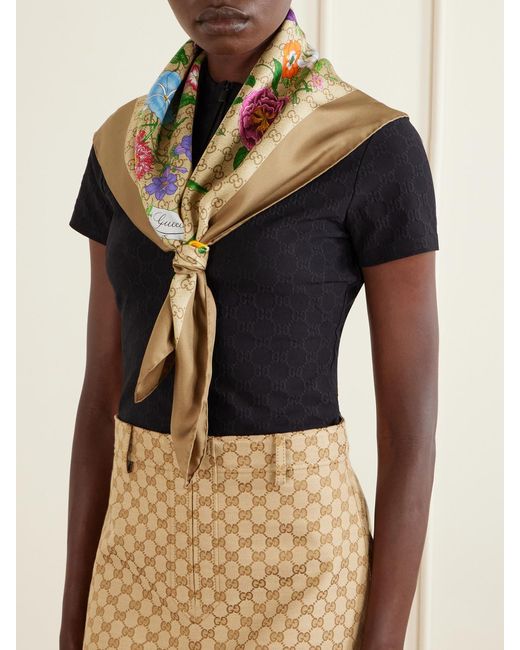 Gucci Gray Flora Printed Silk-Twill Scarf