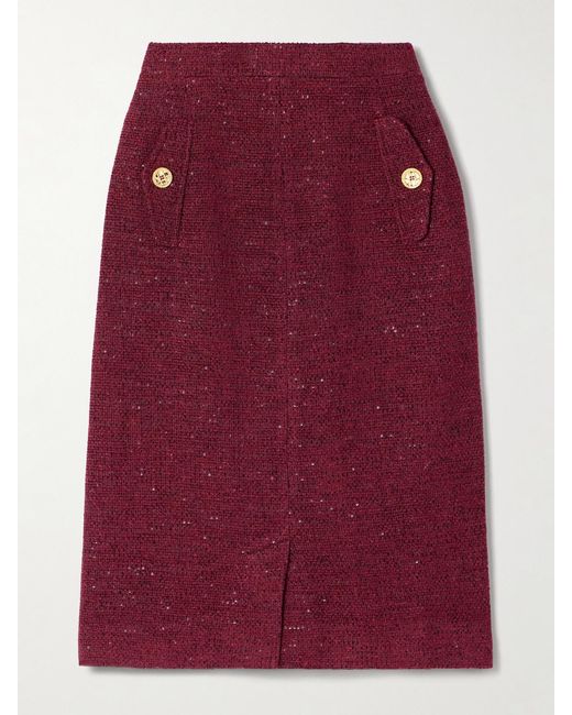 Alessandra Rich Red Sequin-Embellished Tweed Skirt