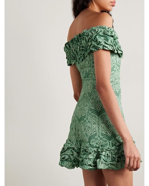 Agua Bendita Green Jardin Schulterfreies Minikleid Aus Einer Baumwollmischung Mit Blumenprint Und Raffungen