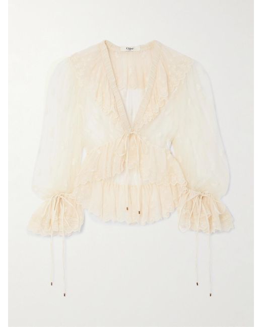 Chloé Natural Cropped Ruffled Embroidered Mesh Blouse