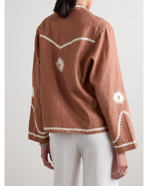 Alix Of Bohemia Brown Western Ricrac-Trimmed Linen Jacket
