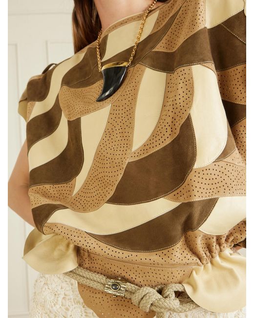 Isabel Marant Natural Dalmy Gathered Patchwork Perforated Suede Top