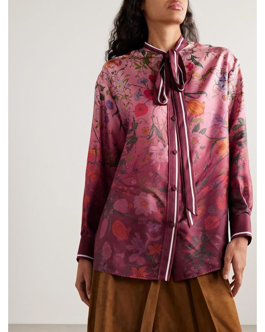 Gucci Red Schluppenbluse Aus Seiden-Twill Mit Blumenprint