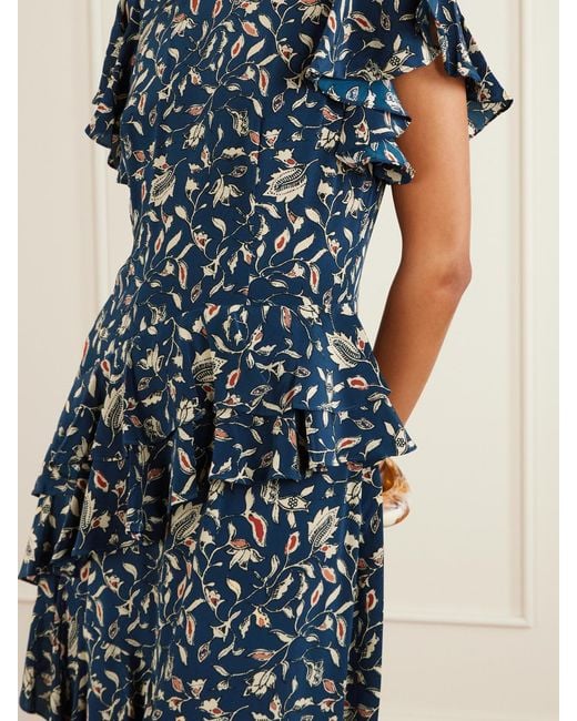 Ulla Johnson Blue Amaia Ruffled Printed Silk Crepe De Chine Midi Dress