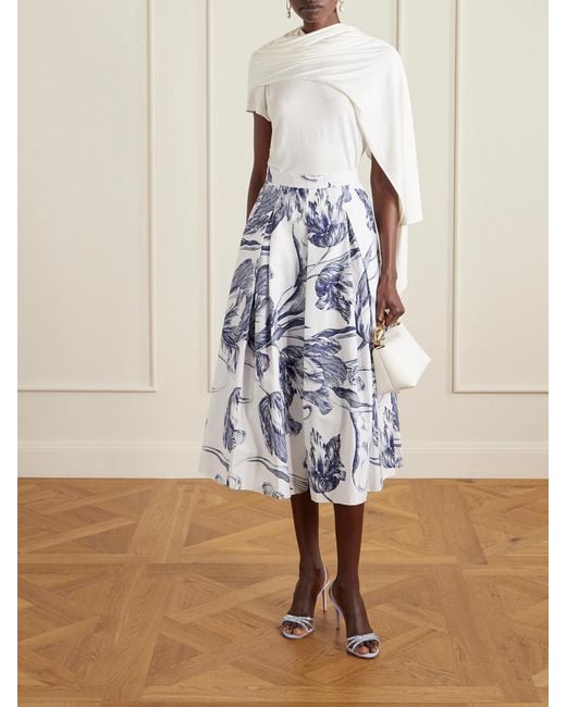 Erdem Blue Pleated Floral-Print Cotton-Poplin Midi Skirt