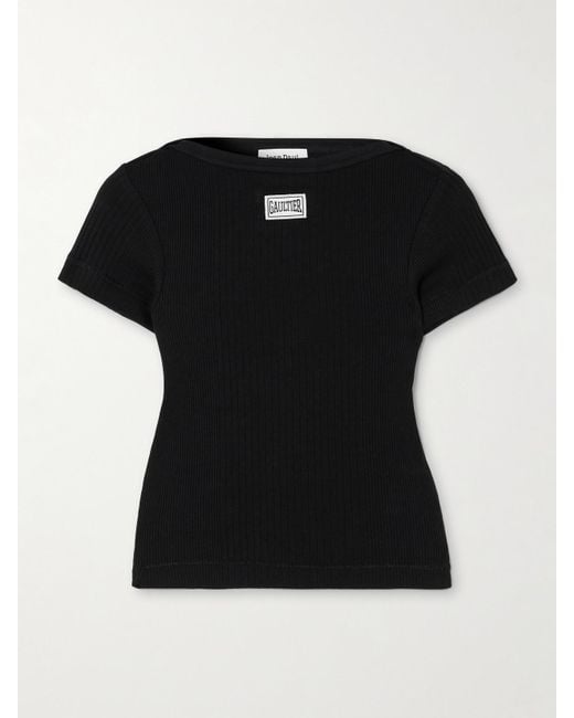 Jean Paul Gaultier Black Verkürztes T-Shirt Aus Gerippter Baumwolle Mit Applikation