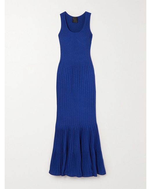 Givenchy Blue Fluted Ribbed-Knit Maxi Dress