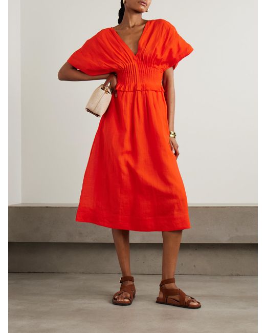 Sea Red Zora Pleated Ramie Midi Dress