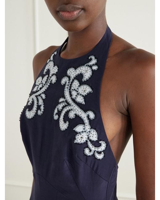 ALÉMAIS Blue Dillon Crystal-Embellished Appliquéd Embroidered Cotton-Blend Poplin Halterneck Maxi Dress