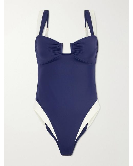 Away That Day Blue Cannes Two-Tone Gathered Recycled Stretch Swimsuit