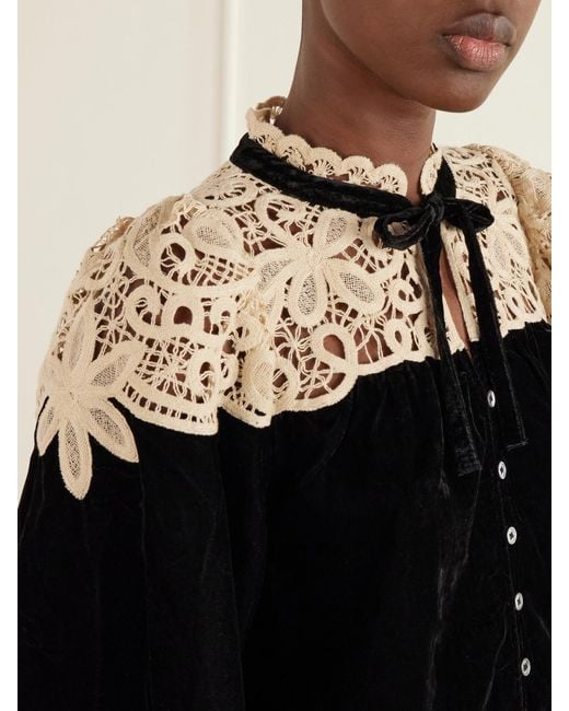 Sea Black Shiloh Bow-Detailed Embroidered Velvet Blouse