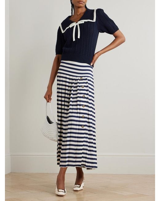 Rixo Blue Pippa Bow-Detailed Two-Tone Cotton Sweater