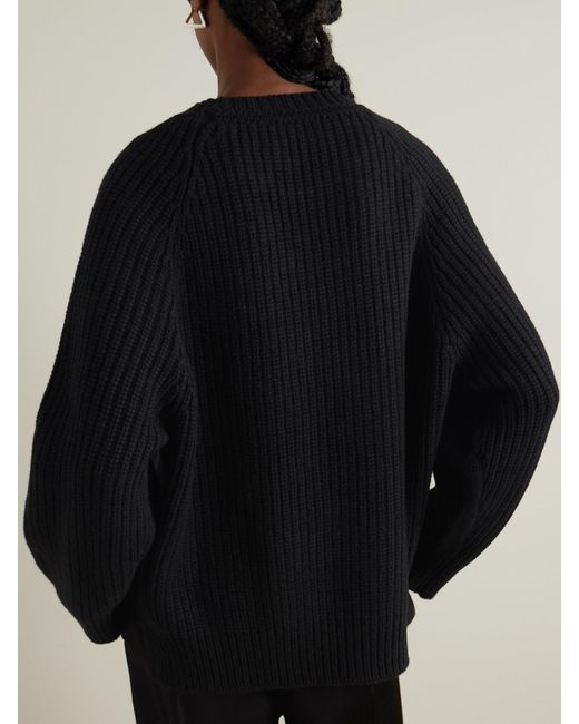 Another Tomorrow Black Oversized-Pullover Aus Einer Recycelten Kaschmir-Wollmischung Mit Gerippten Partien