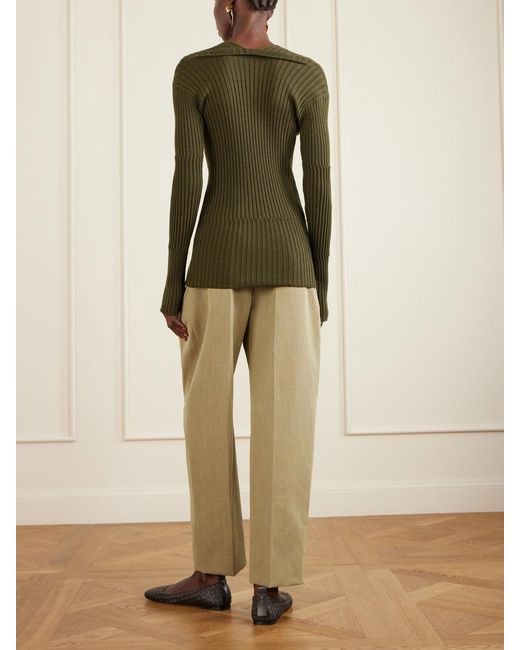 Bottega Veneta Green Embellished Ribbed Cashmere And Silk-Blend Sweater