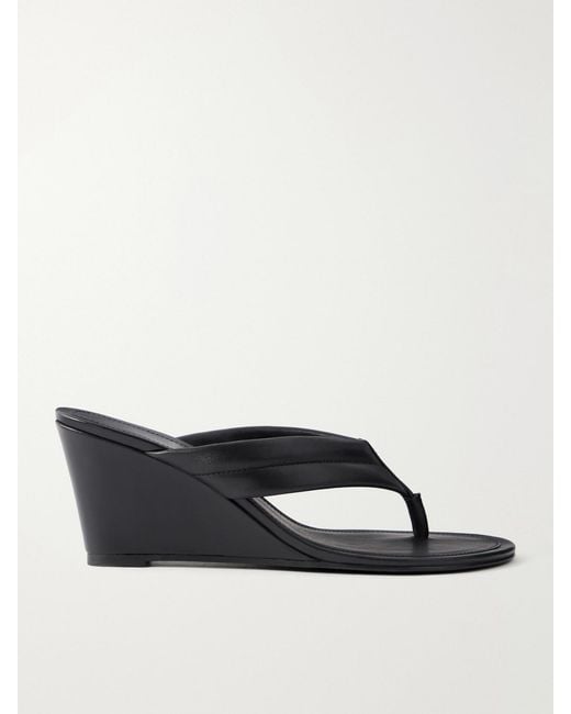 St. Agni Black Leather Wedge Thong Sandals