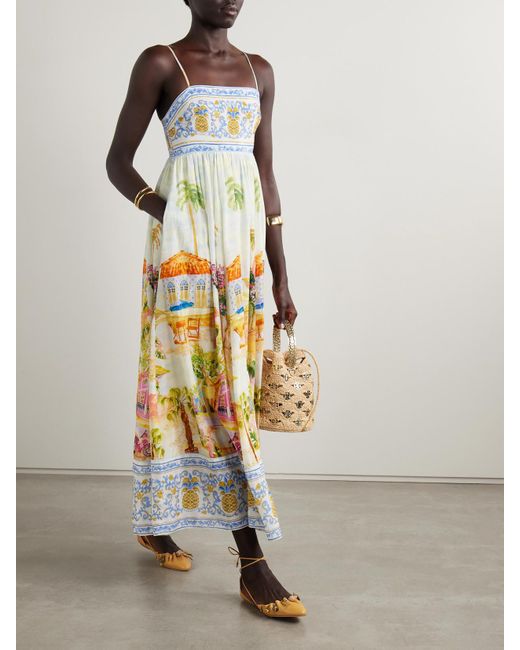 Robe Longue En Voile De Coton Et De Lenzing Ecovero Mélangés Imprimé À Fronces Aracati Farm Rio en coloris Natural