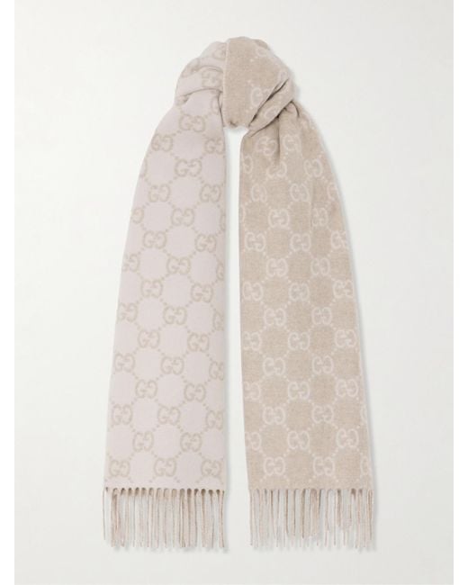 Gucci Natural Fringed Jacquard-Knit Cashmere Scarf