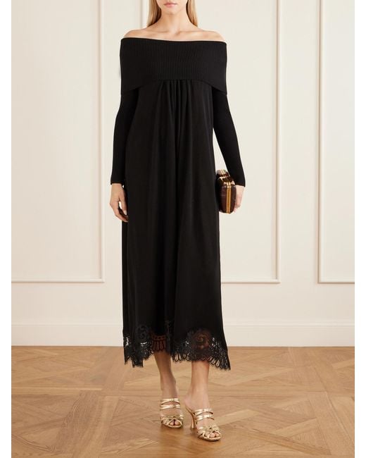 Zimmermann Black Valiant Off-The-Shoulder Lace-Trimmed Satin Maxi Dress