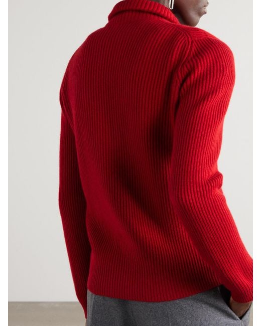 Brunello Cucinelli Red Bead-Embellished Turtleneck Ribbed Cashmere Polo Sweater