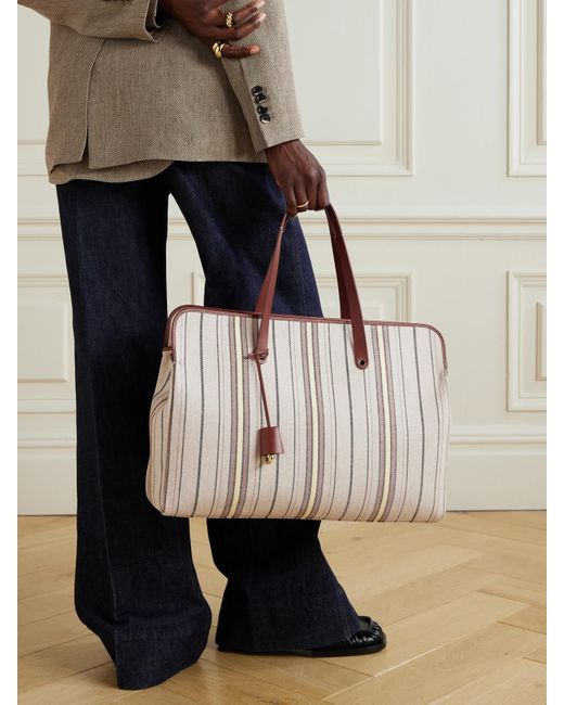 Loro Piana Natural Laguna Leather-Trimmed Striped Canvas Tote