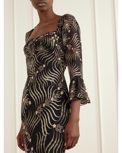 Saloni Black Willa Printed Silk-Chiffon Gown