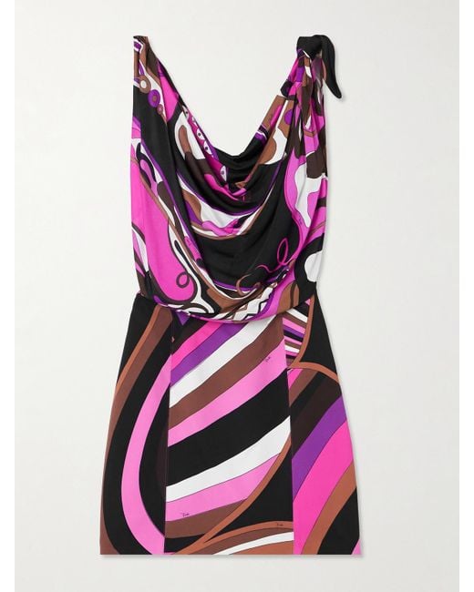 pucci printed silk chiffon trimmed cady mini dress PUCCI Knotted Draped Printed Satin And Cady Mini Dress in Pink