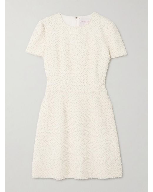 Carolina Herrera Natural Embellished Wool-Blend Crepe Mini Dress